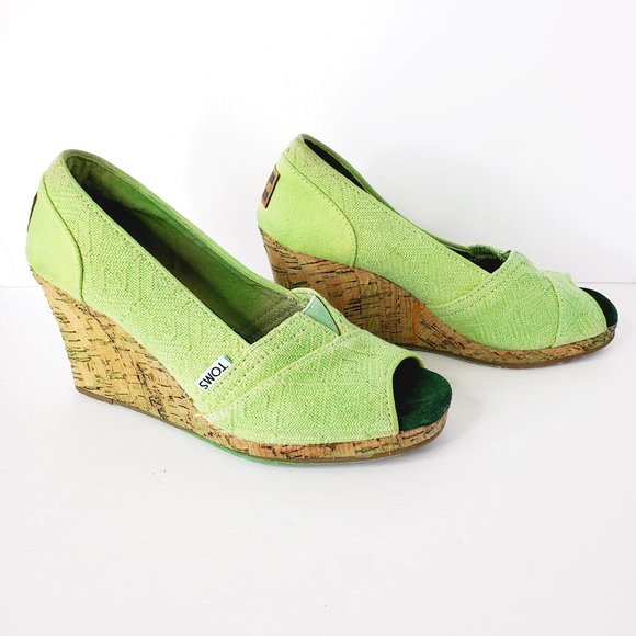 TOMS Lime Green Canvas Boho Wedges